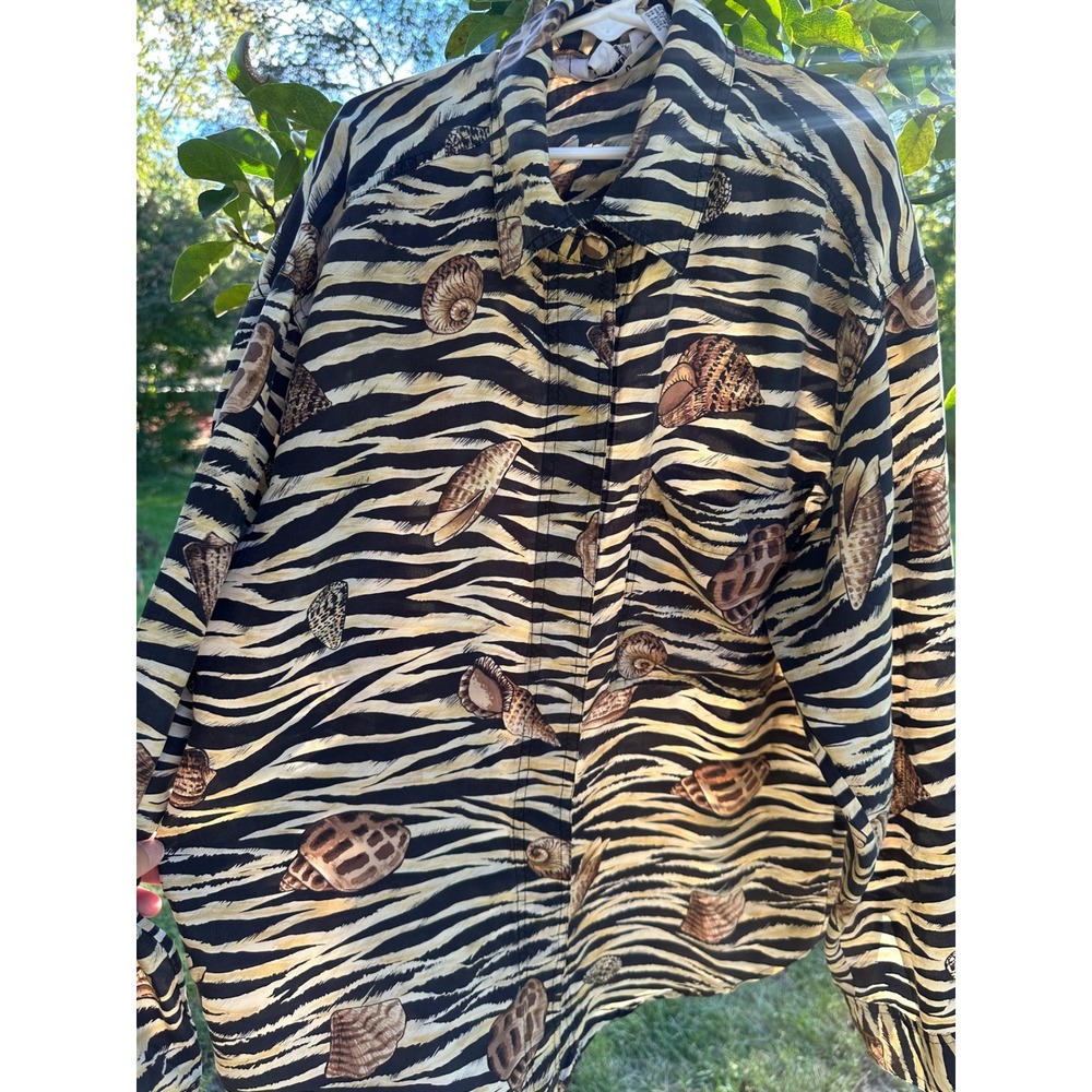 VTG Sunny Leigh Silk Blouse | Black Animal Stripe Button Down with Shells | SZ S